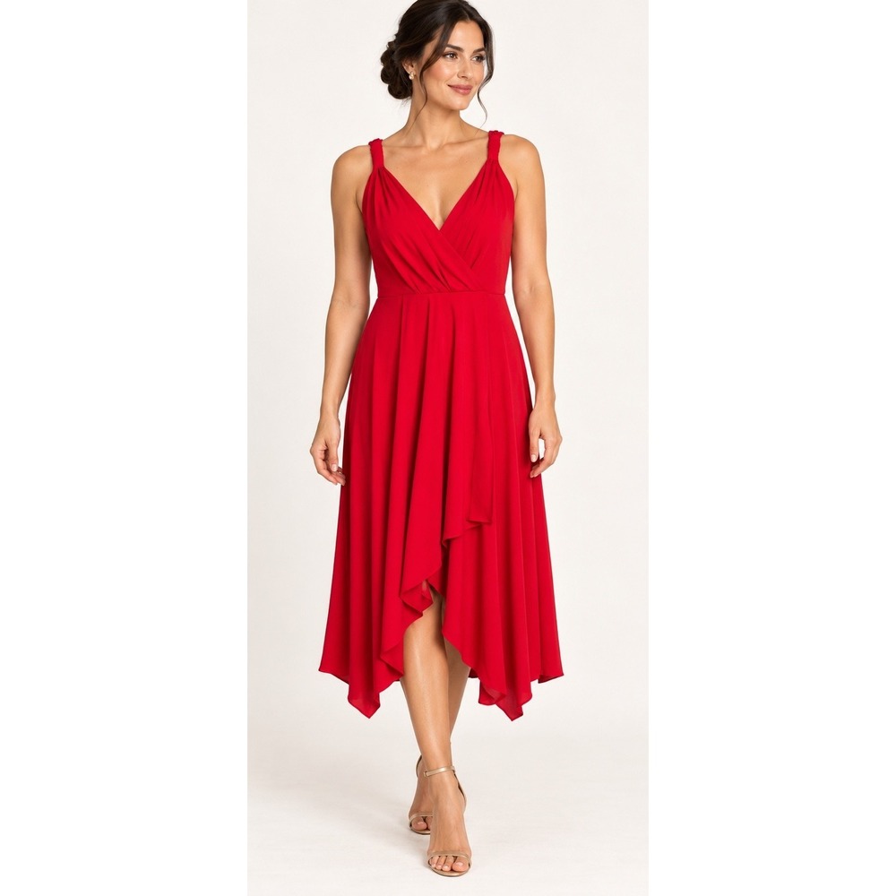 NWT Donna Karan Red Surplice V-Neck Asymmetric Hem Dress Jersey Knit Size 10